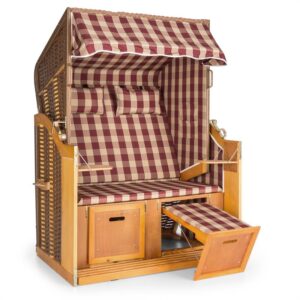 Blumfeldt Hiddensee, plážové sedenie, plážový kôš XL, dvojsedadlo, ležadlo, borovica, červené/biele, károvaný motív Ampera.SK