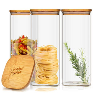 Klarstein Hranatá nádoba na skladovanie potravín s bambusovým vrchnákom, 10 x 20,5 x 10 cm, 3 x 1500 ml, vzduchotesná, so silikónovým tesnením Ampera.SK