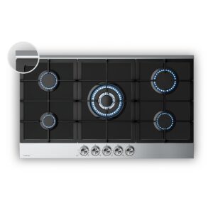 Klarstein Verosteel plynová varná doska, 5 horákov, Elektrické zapalovanie, Kompatibilná s zemným plynom a LPG, 10400W, 90cm Ampera.SK